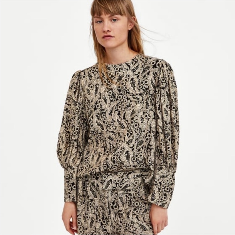 Zara White & Black Metallic Gold Shimmer Glittery Balloon Sleeves Blouse NWT XS